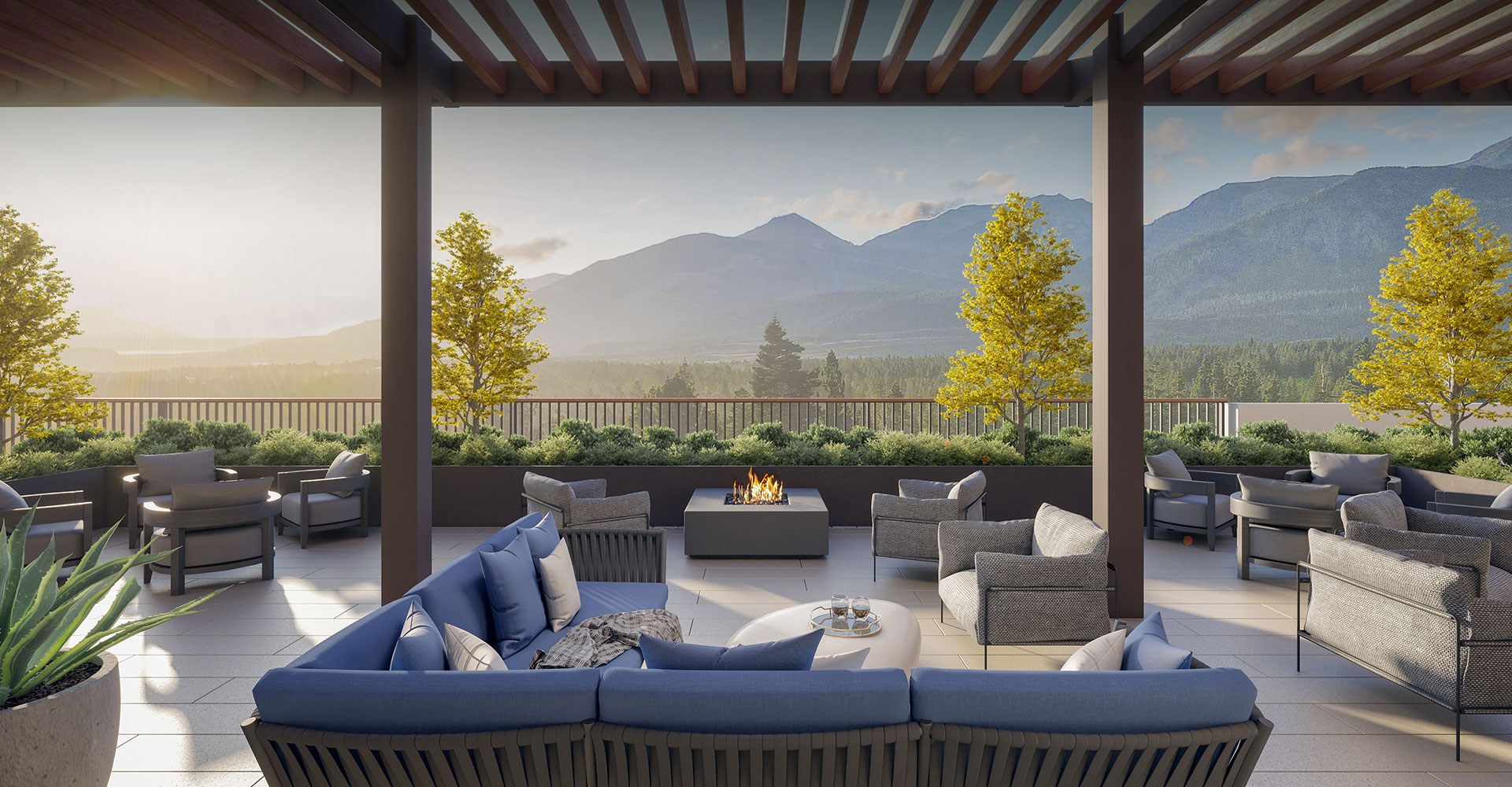 rendering of limelight residences mammoth outdoor lounge with mountains in the background