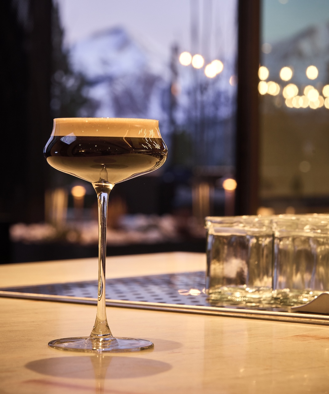 Espresso martini on top of a bar